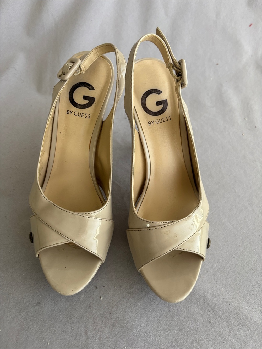 G by Guess Nude Patent Slingback Peep-Toe Heels